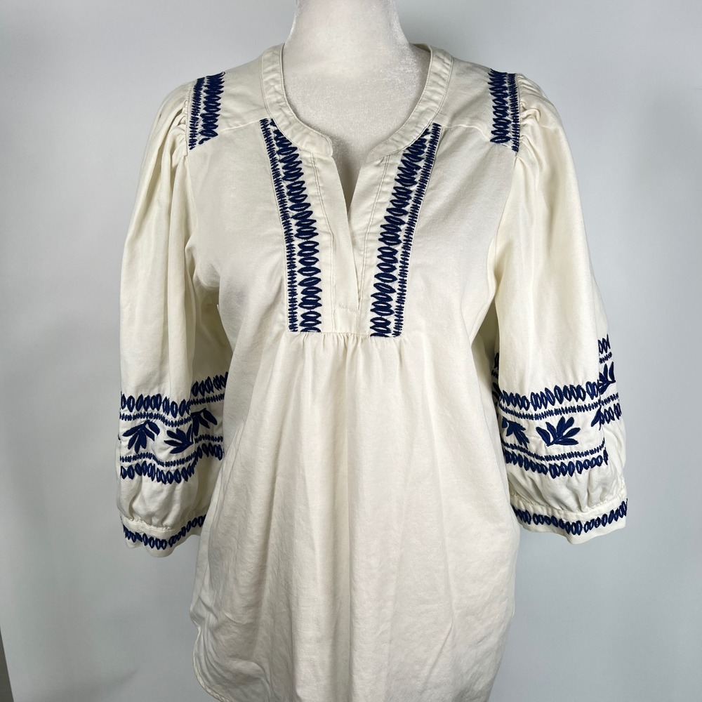M&S Collection Ivory Navy Blue Embroidered Cotton Top Size 10 Coastal Boho